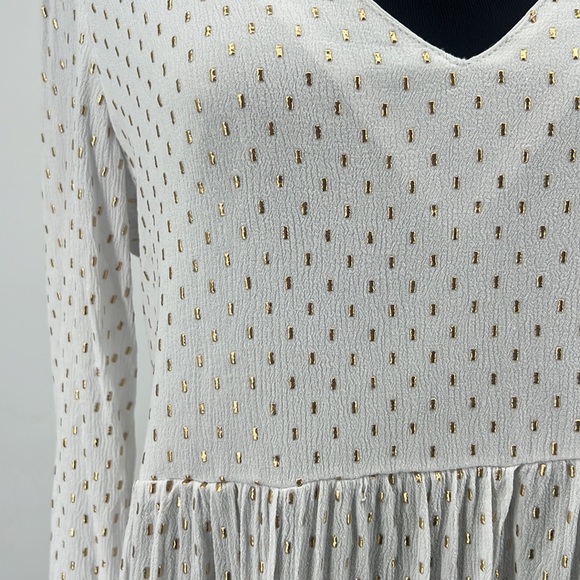 White V-neck Long Sleeve Blouse with Embossed Gold Print Women's size Small - Picture 3 of 7